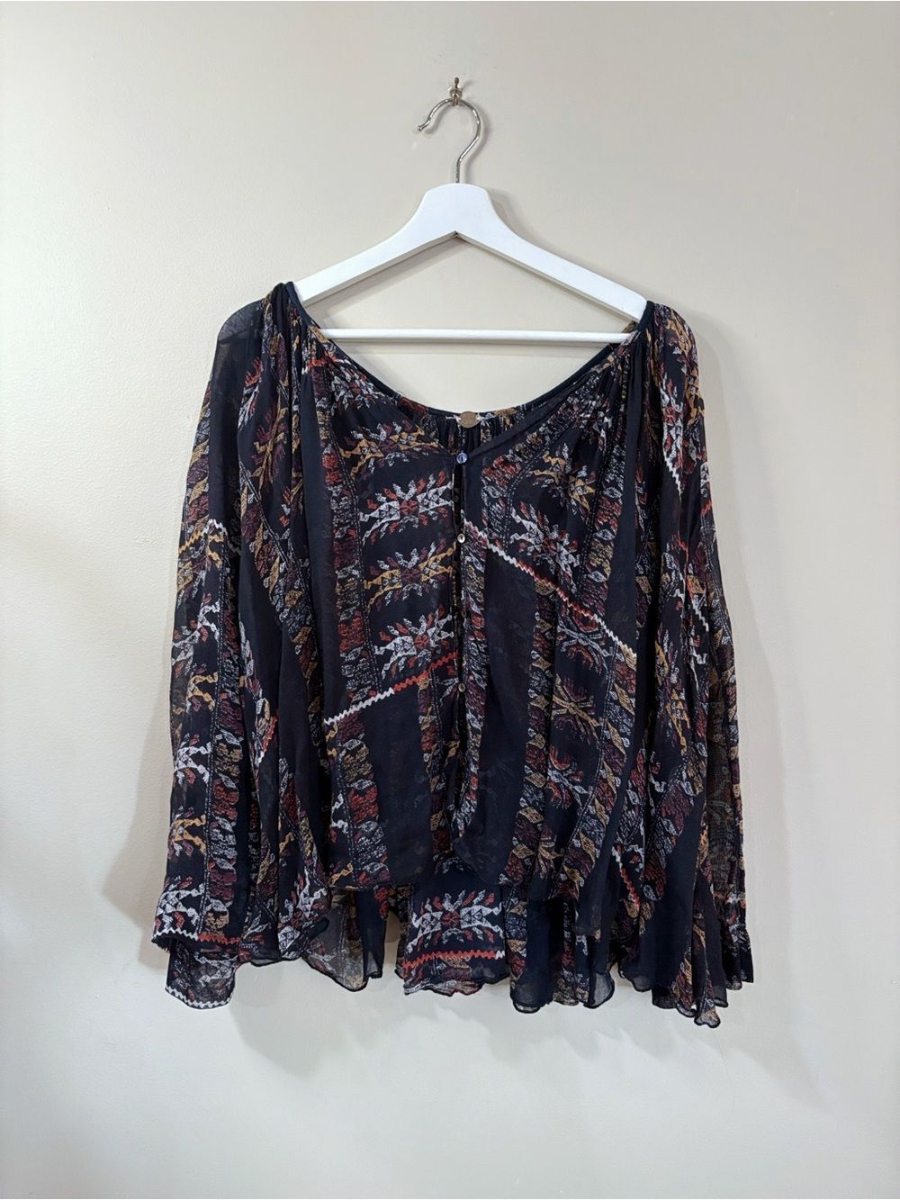 Free People Peasant Blouse Black Lightweight Flowy Women OS Boho Indie Festival